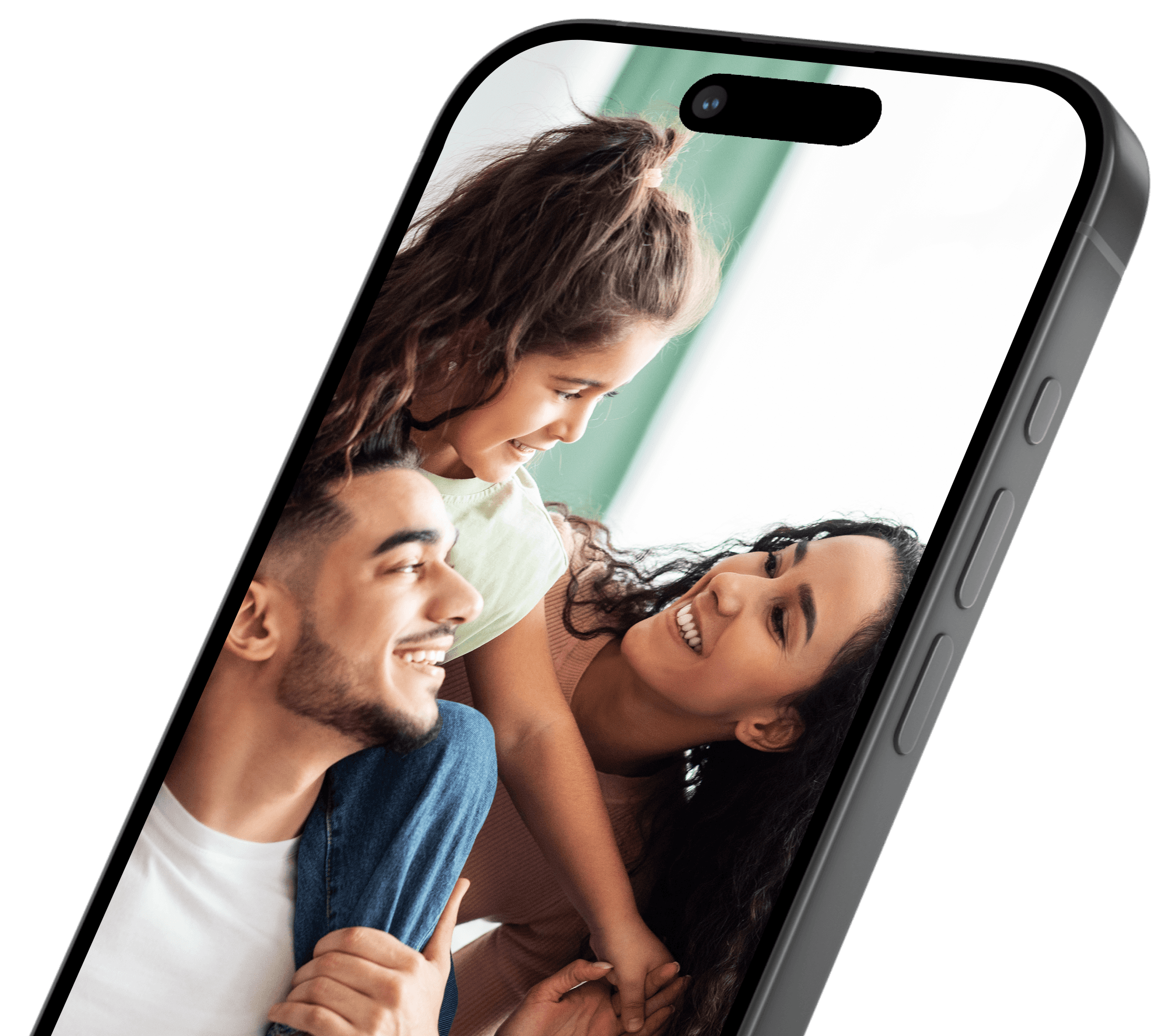 A phone screen showing a father, mother, and daughter laughing together